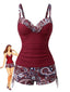 Rotes 70er Boho-Tankini-Set mit Paisley-Print und V-Ausschnitt
