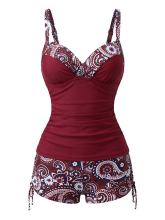 Rotes 70er Boho-Tankini-Set mit Paisley-Print und V-Ausschnitt