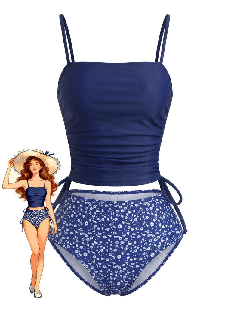 Marineblaues 50er Tankini-Set mit Blumen und Kordelzug-Taille