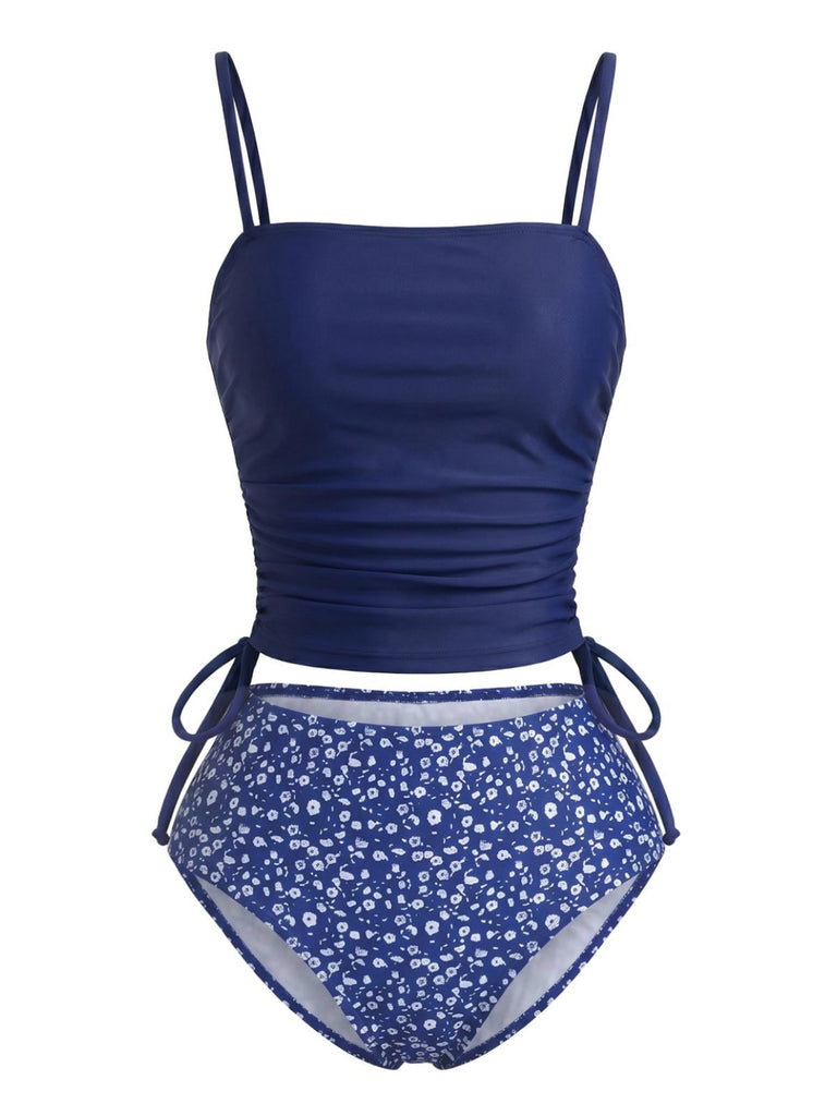 Marineblaues 50er Tankini-Set mit Blumen und Kordelzug-Taille