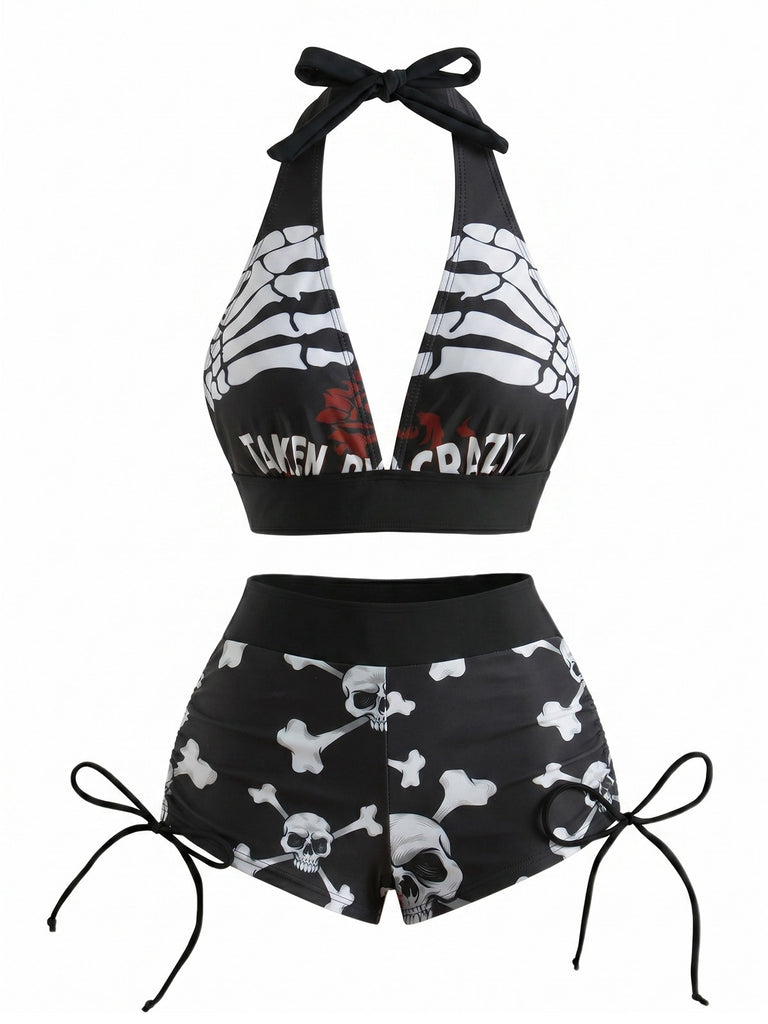 80er Punk Bikini-Set mit Totenkopf und Neckholder in Grün