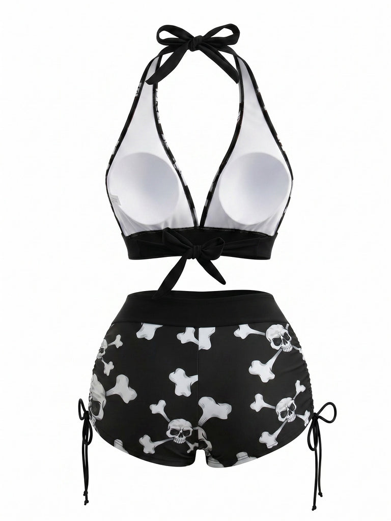 80er Punk Bikini-Set mit Totenkopf und Neckholder in Grün
