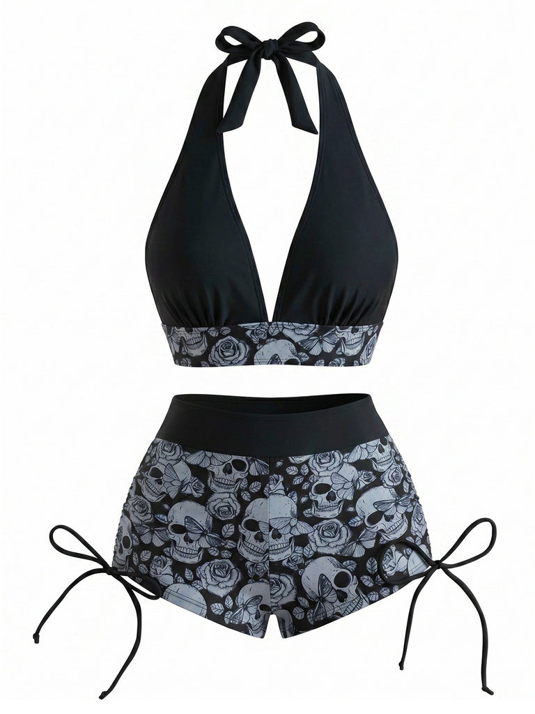 80er Punk Bikini-Set mit Totenkopf und Neckholder in Grün