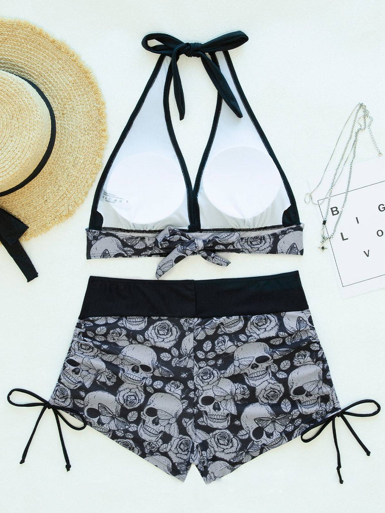 80er Punk Bikini-Set mit Totenkopf und Neckholder in Grün
