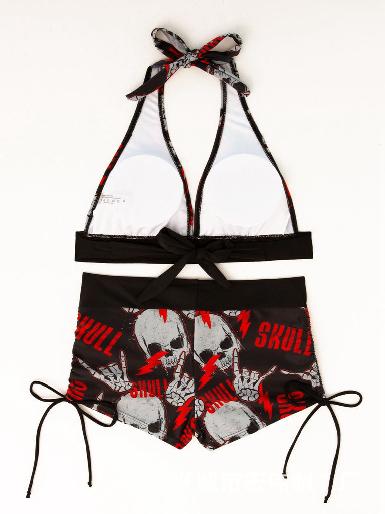 80er Punk Bikini-Set mit Totenkopf und Neckholder in Grün
