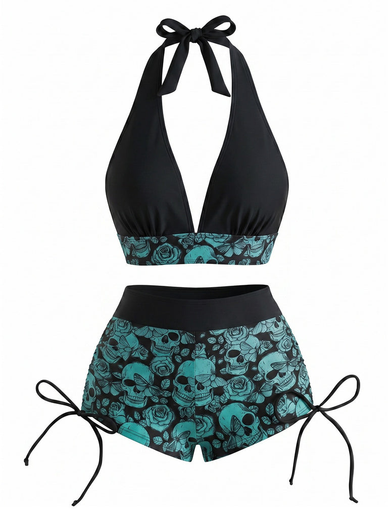 80er Punk Bikini-Set mit Totenkopf und Neckholder in Grün
