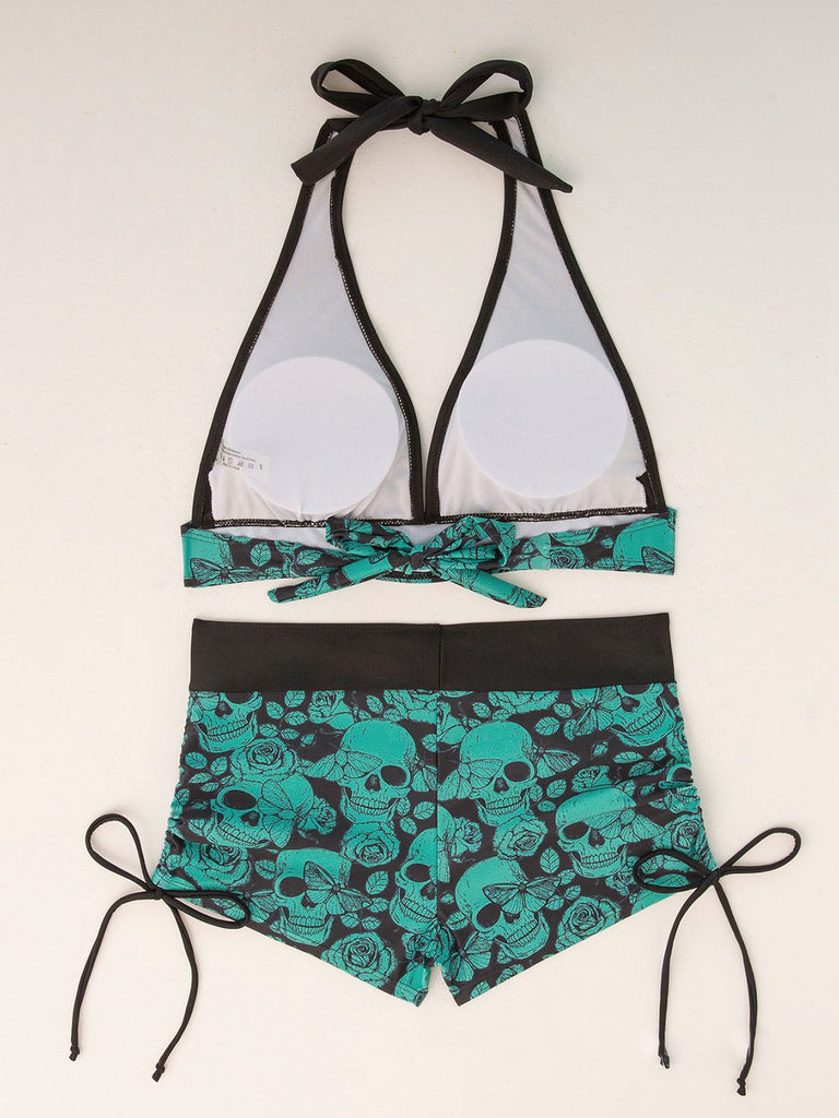 80er Punk Bikini-Set mit Totenkopf und Neckholder in Grün
