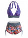 Buntes 80er Gothic-Bikini-Set mit Sugar Skull und Neckholder