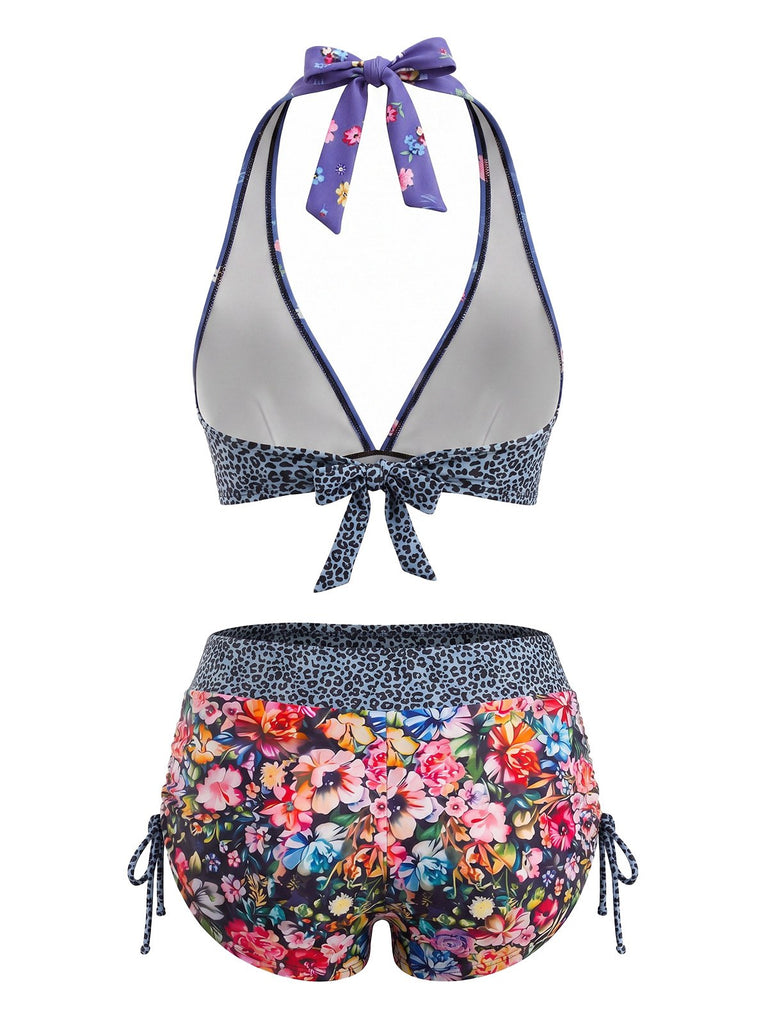 Buntes 80er Gothic-Bikini-Set mit Sugar Skull und Neckholder