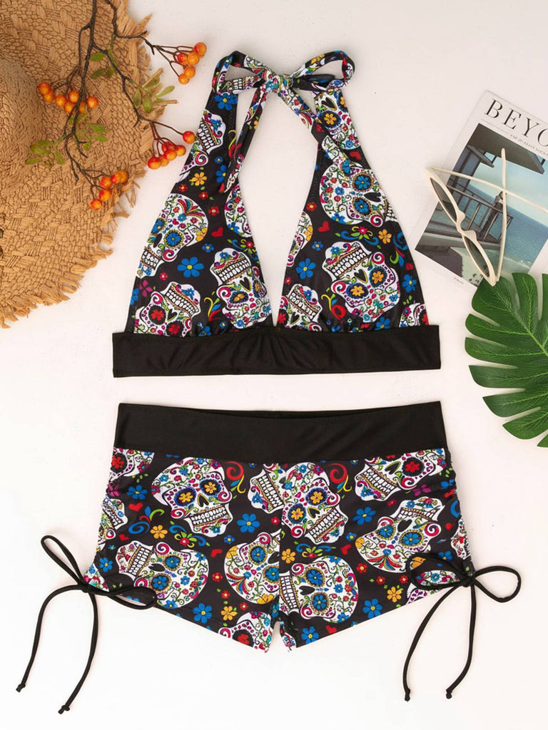 Buntes 80er Gothic-Bikini-Set mit Sugar Skull und Neckholder