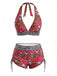 Buntes 80er Gothic-Bikini-Set mit Sugar Skull und Neckholder
