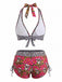 Buntes 80er Gothic-Bikini-Set mit Sugar Skull und Neckholder