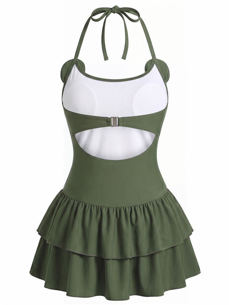 Grüner 50er Badeanzug mit Rüschen und Neckholder