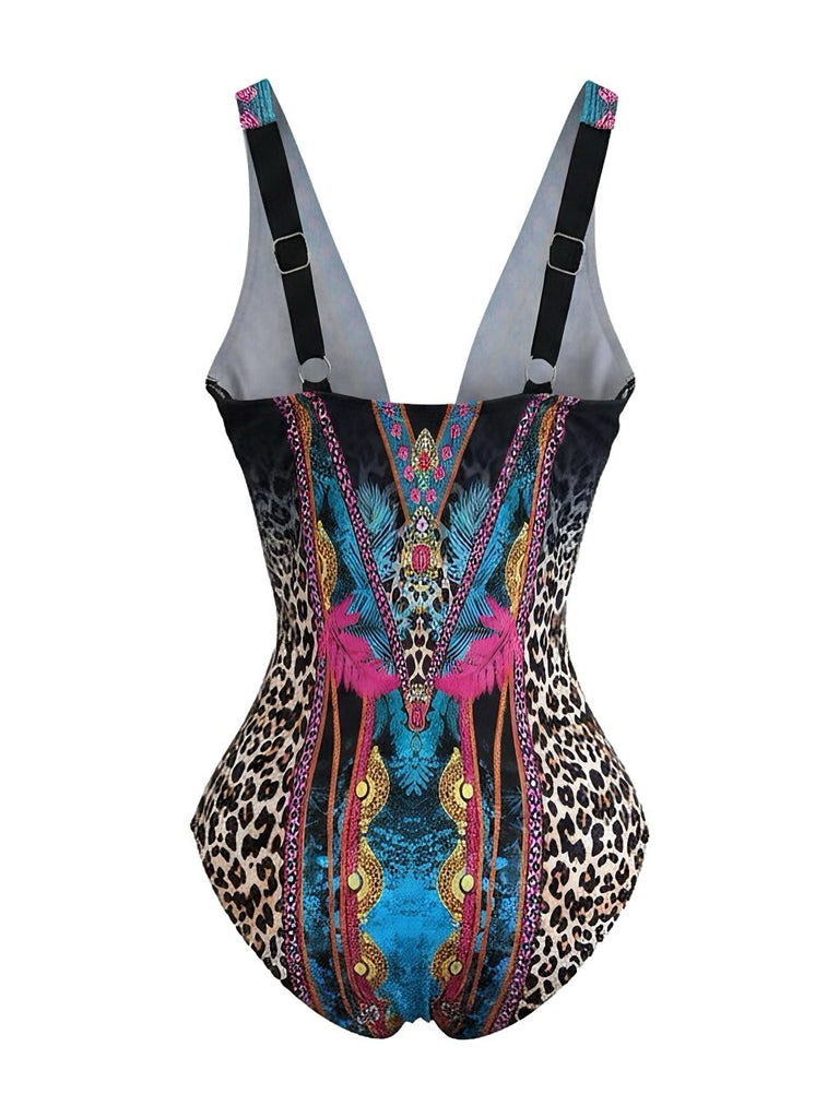80er Badeanzug mit Leoparden-Print und tiefem V-Ausschnitt