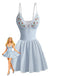 Blaues 80er Badekleid mit Blumen und Stickerei
