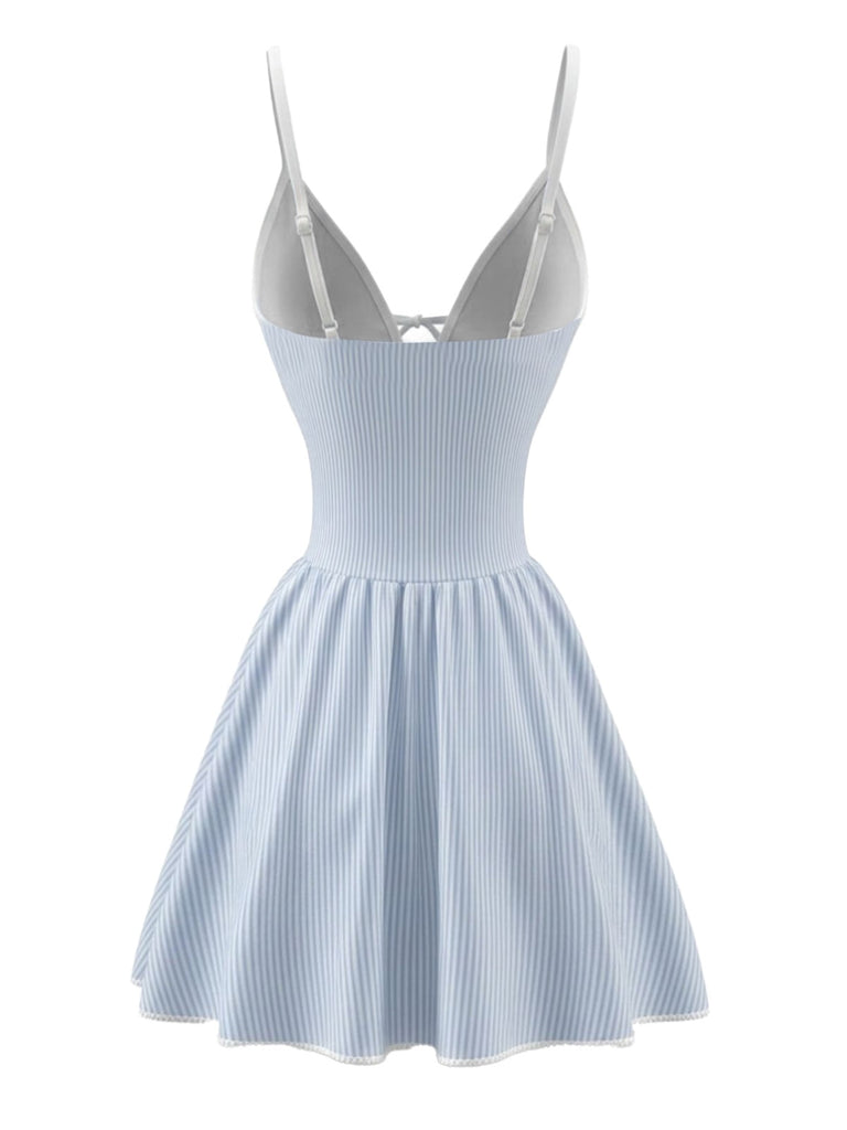 Blaues 80er Badekleid mit Blumen und Stickerei