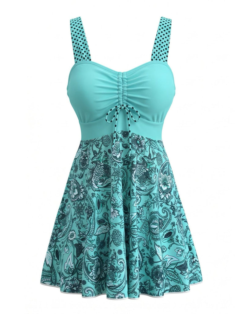 Türkises 80er Badekleid mit Paisley und Raffung