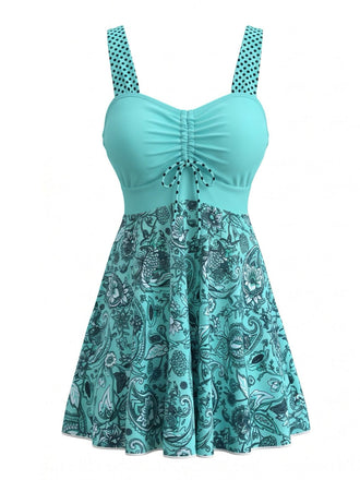Türkises 80er Badekleid mit Paisley und Raffung