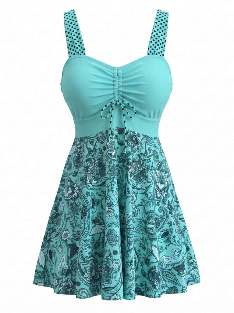 Türkises 80er Badekleid mit Paisley und Raffung
