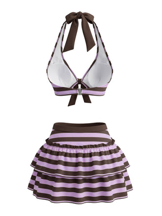 50er Neckholder-Bikini-Set & Rüschen-Cover-Up mit Streifen