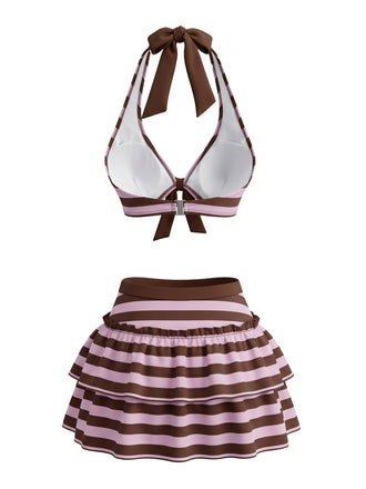 50er Neckholder-Bikini-Set & Rüschen-Cover-Up mit Streifen