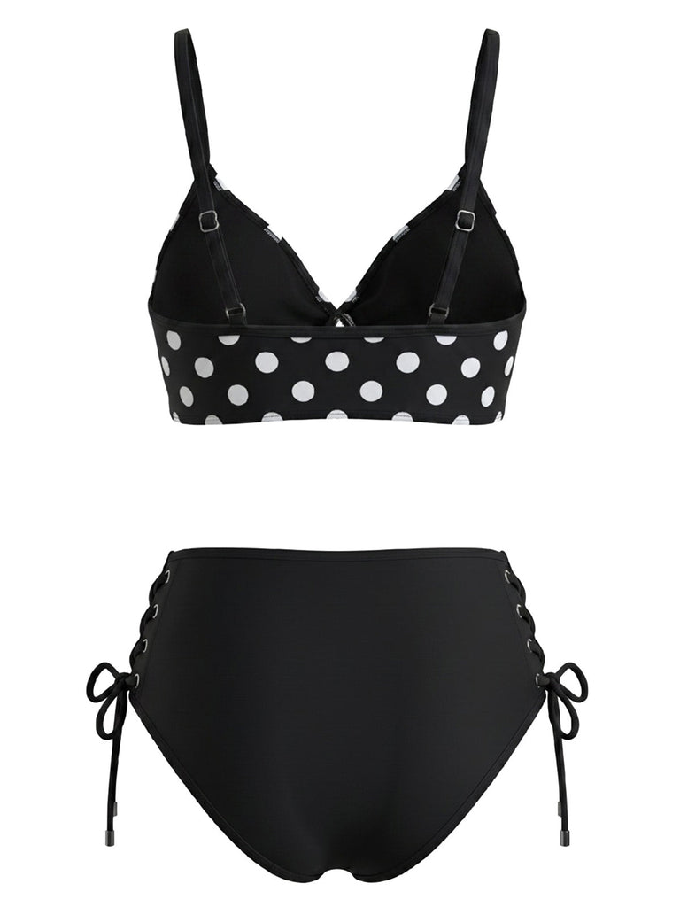 Schwarz 50er Bikini-Set & Shorts mit Polka-Dots und Hohe Taille
