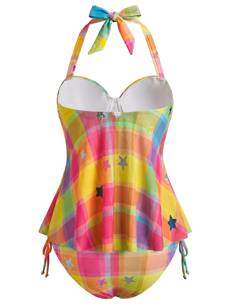 [Vorverkauf] Regenbogenfarbenes 70er Neckholder-Tankini-Set mit Karo und Sternen