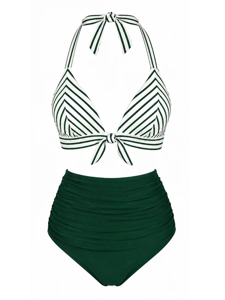 [Vorverkauf] Grünes 50er Bikini-Set mit Streifen und Neckholder