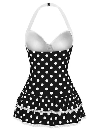 Schwarz 1940er Halter Polka Dots Schleife Einteiliger Badeanzug