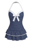 Blau 1940er Halter Streifen Schleife Einteiliger Badeanzug