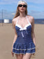 Blau 1940er Halter Streifen Schleife Einteiliger Badeanzug