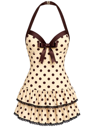 Cremefarbener 40er Badeanzug mit Polka-Dots und Neckholder