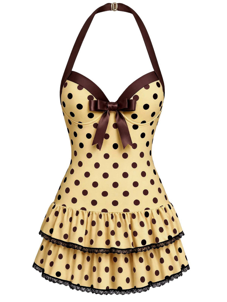 Beige 1940er Halter Polka Dots Schleife Einteiliger Badeanzug