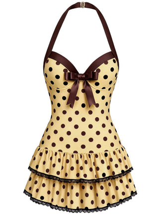 [Vorverkauf] Cremefarbenes 40er Neckholder-Badekleid mit Polka-Dots und Schleife