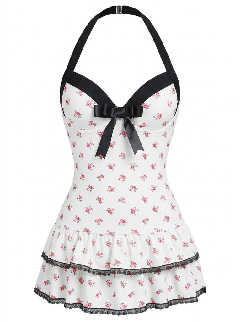 Schwarz 1940er Halter Polka Dots Schleife Einteiliger Badeanzug