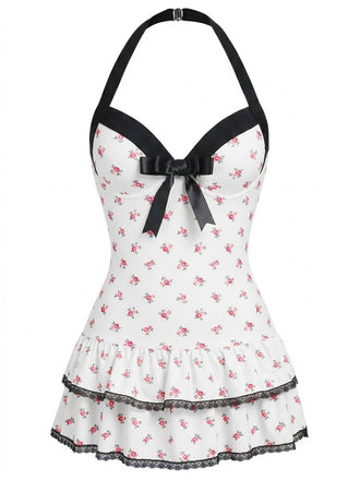 Beige 1940er Halter Polka Dots Schleife Einteiliger Badeanzug