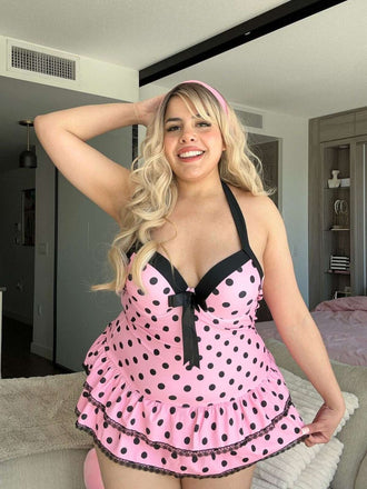 Rosa 1940er Halter Polka Dots Schleife Einteiliger Badeanzug