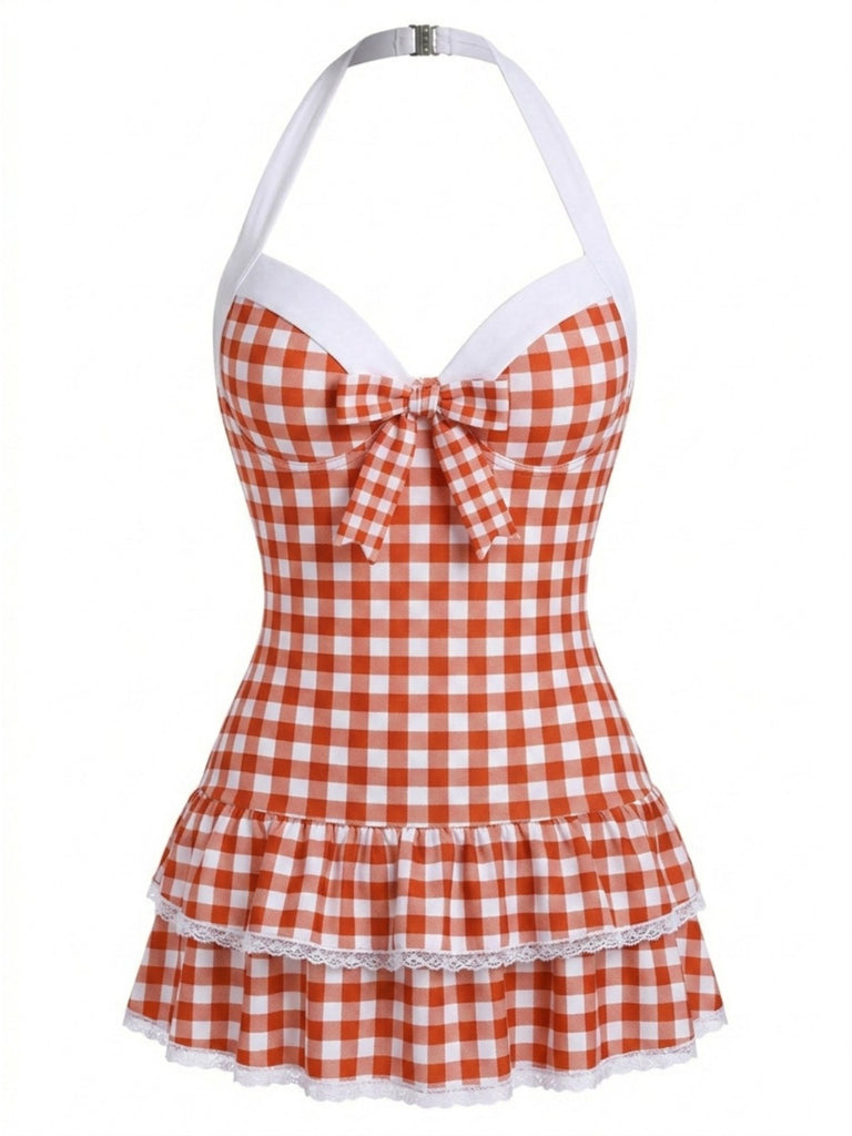 Weiß 1940er Halter Polka Dots Schleife Einteiliger Badeanzug