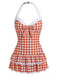 Weiß 1940er Halter Polka Dots Schleife Einteiliger Badeanzug