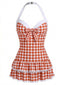 Rot 1940er Halter Kariert Schleife Einteiliger Badeanzug