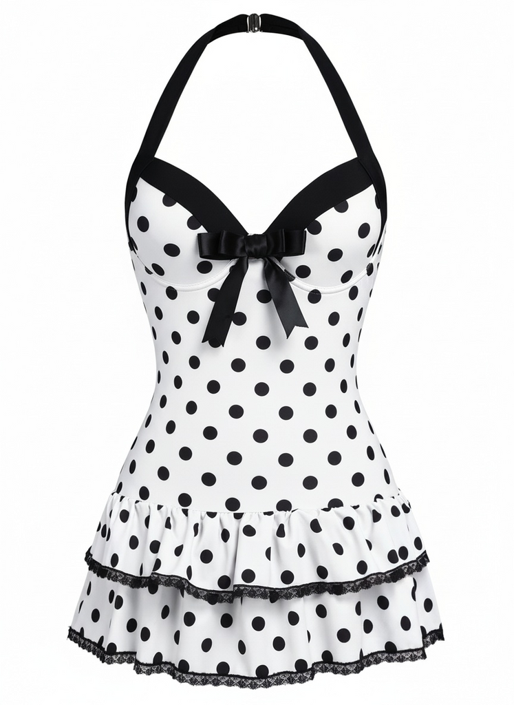 [Vorverkauf] Weiß 1940er Halter Polka Dots Schleife Einteiliger Badeanzug