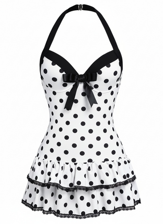 [Vorverkauf] Weiß 1940er Halter Polka Dots Schleife Einteiliger Badeanzug