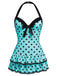 Braun 1940er Halter Polka Dots Schleife Einteiliger Badeanzug