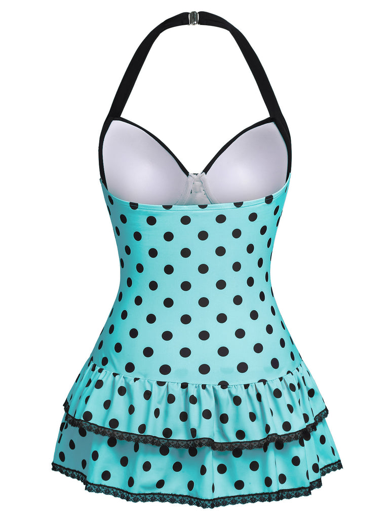 Braun 1940er Halter Polka Dots Schleife Einteiliger Badeanzug