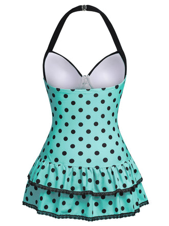 Blau 1940er Halter Polka Dots Schleife Einteiliger Badeanzug