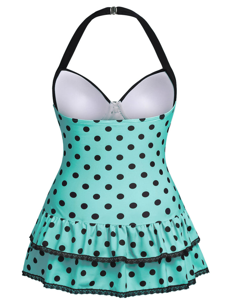 [Übergröße] Hellgrün 1940er Polka Dots Hater Badeanzug