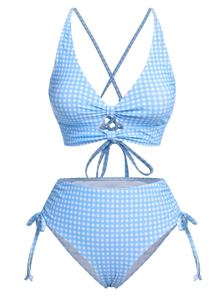 Blau 1950er Spaghetti Träger Plaids Badeanzug