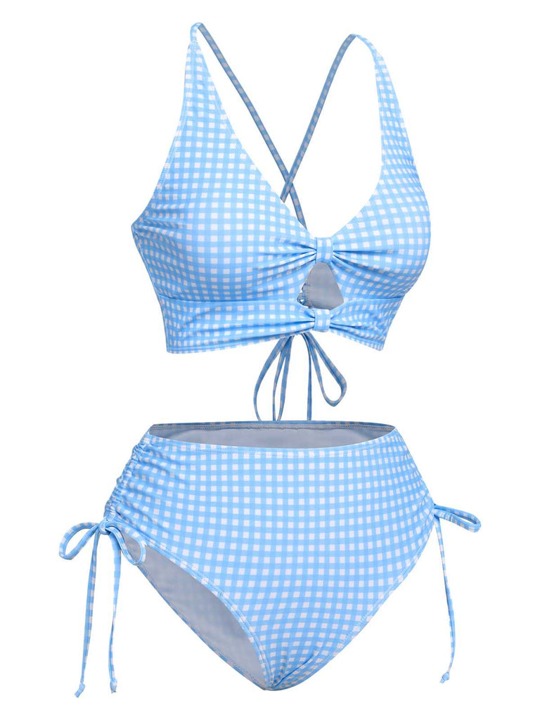 Blau 1950er Spaghetti Träger Plaids Badeanzug