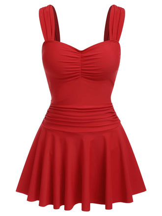 Rot 1950er Falten Solide Einteiliger Badeanzug