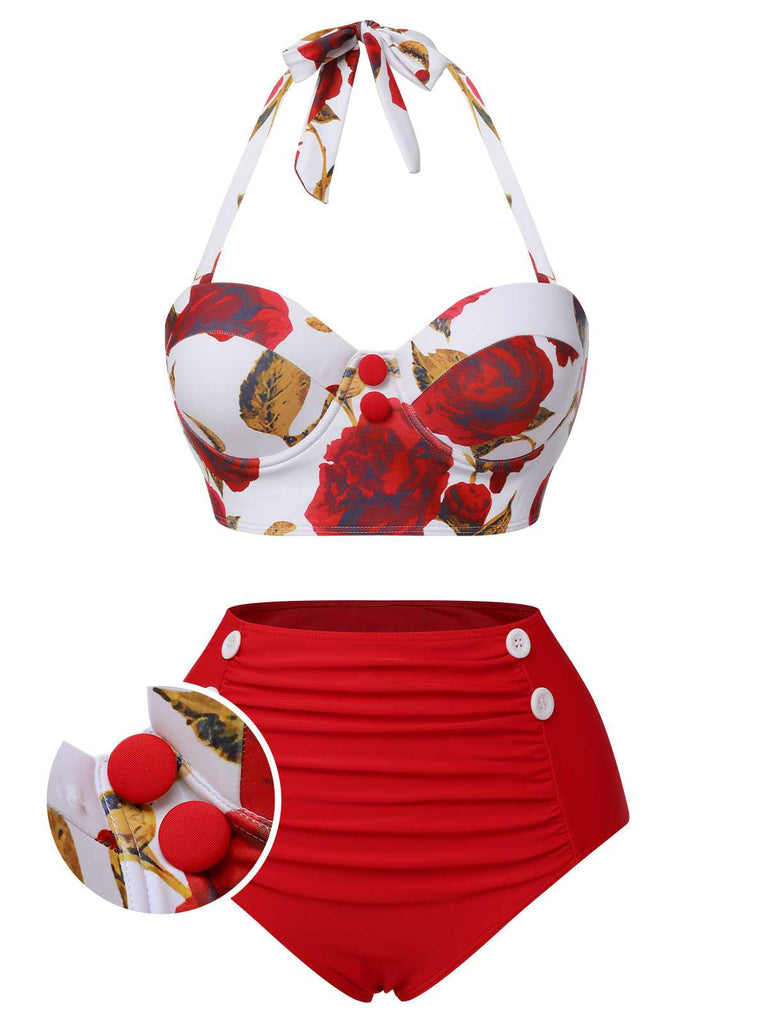 Rot 1940er Halter Roses Badeanzug